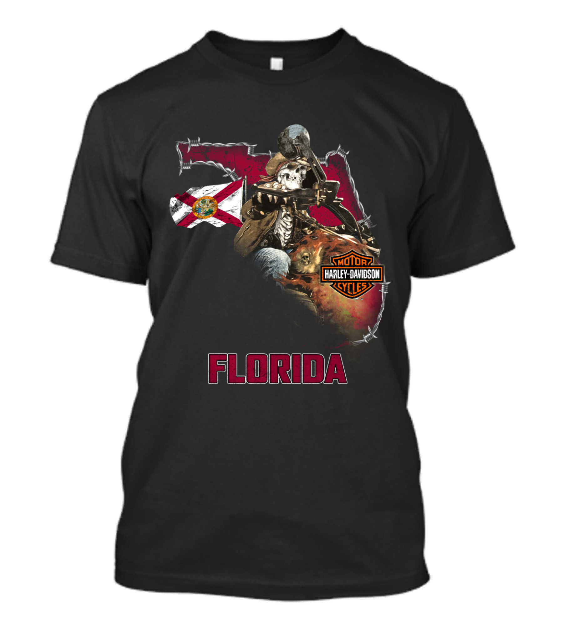 Florida Harley Davidson Skeleton Biker With State Flag T-Shirt