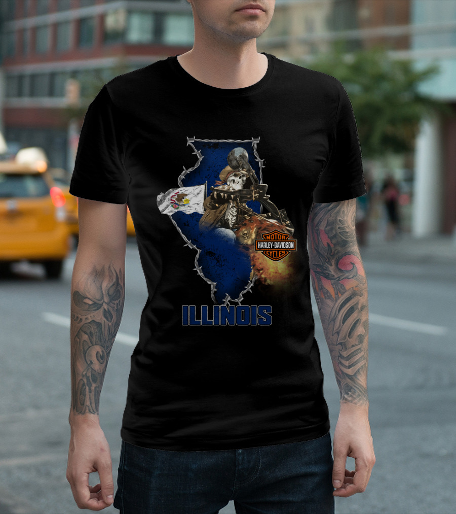 Illinois Harley Davidson Motorcycles Skeleton Rider Barbed Wire Flag T-Shirt