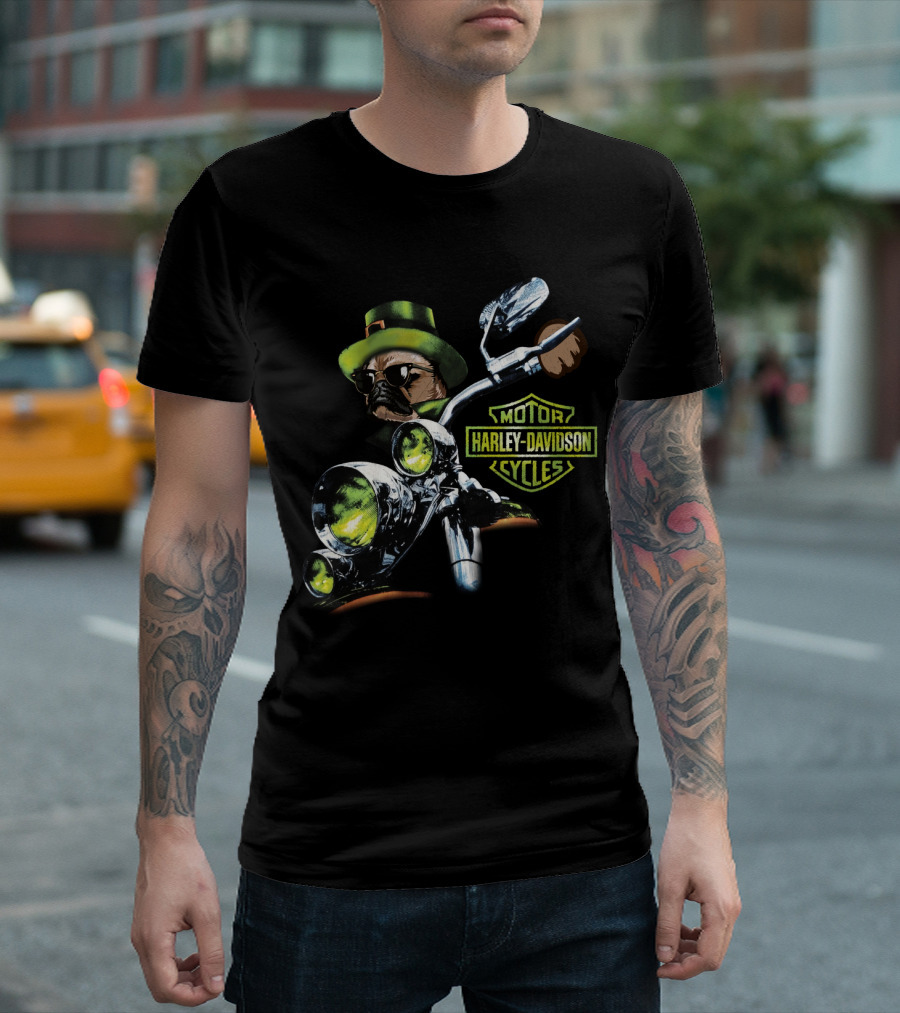 Harley Davidson Motorcycles Pug Riding St Patrick's Day T-Shirt