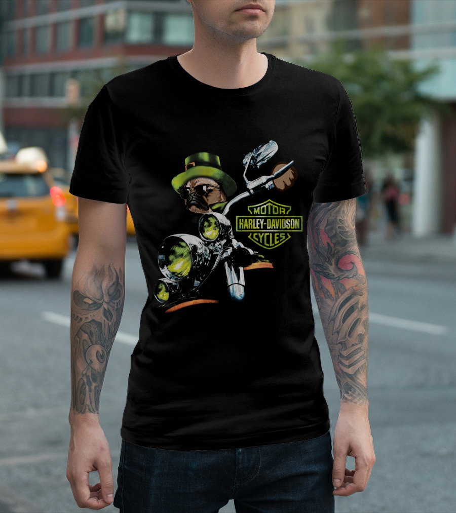 Harley Davidson Motor Cycles Pug In Green Hat Patrick Day T-Shirt