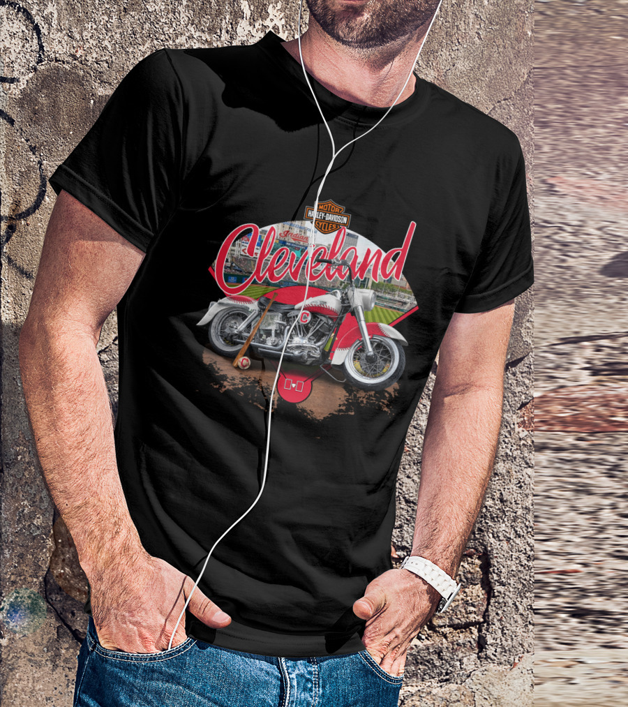 Cleveland Harley Davidson Indians Baseball Motorcycle Scene T-Shirt