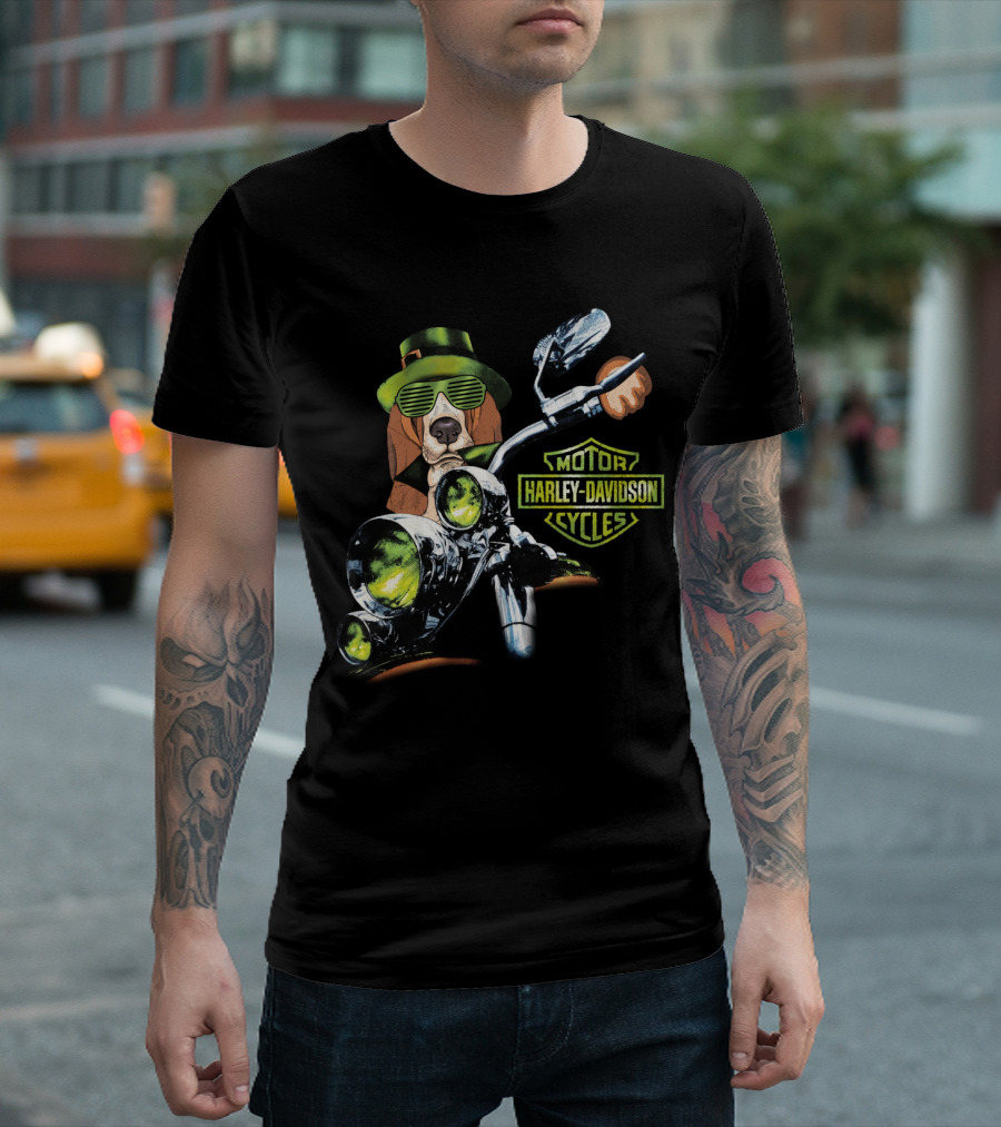 Basset Hound Harley Davidson Motorcycles Green Hat And Glasses Biker T-Shirt