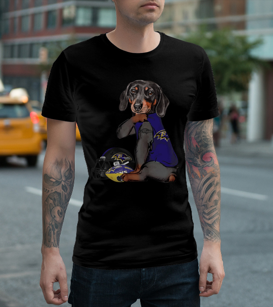 Baltimore Ravens Dachshund Wearing Team Jersey with Football Helmet T-Shirt
