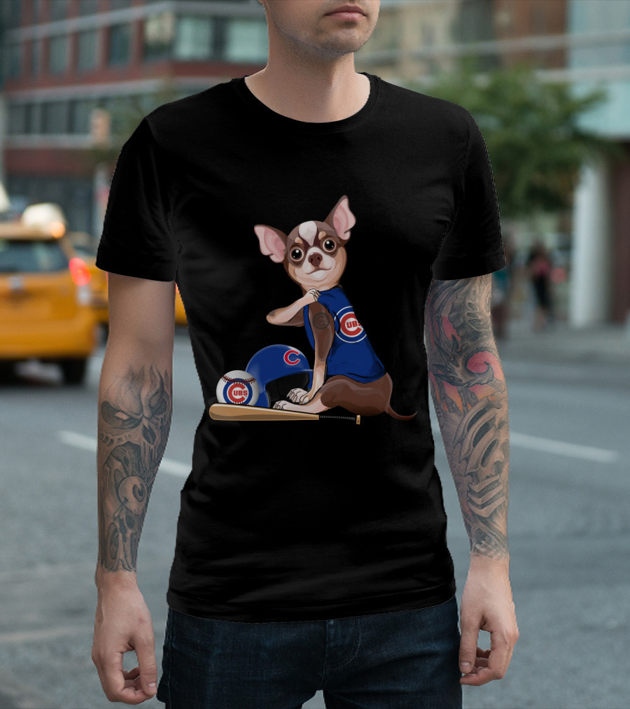 Chicago Cubs Chihuahua Baseball Fan with Helmet and Bat T-Shirt