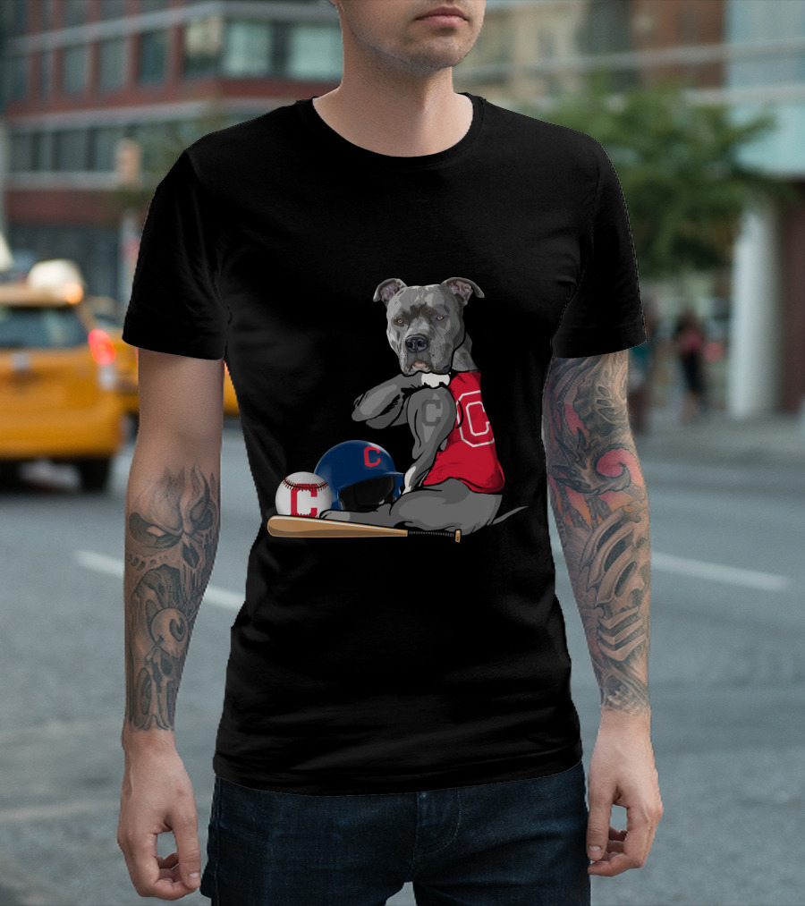 Cleveland Indians C Pit Bull Baseball Bat Helmet Sitting Baseball T-Shirt