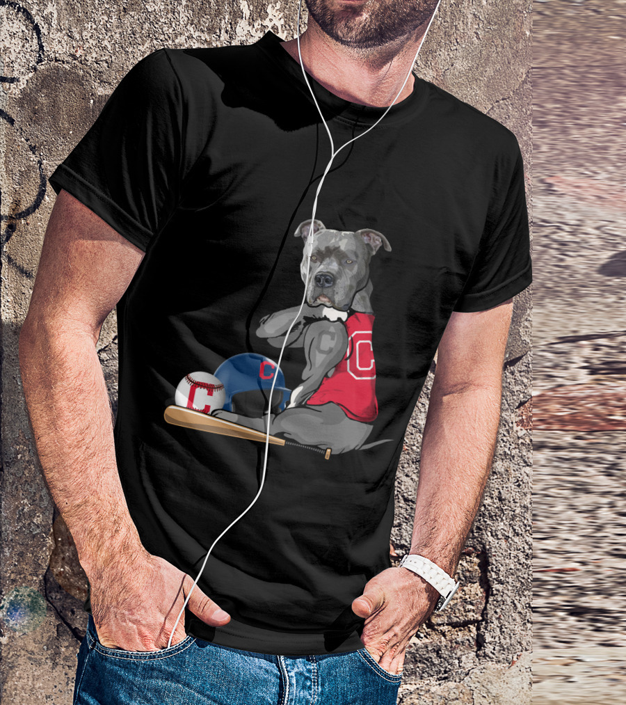 Cleveland Indians C Pit Bull Baseball Bat Helmet Sitting Baseball T-Shirt