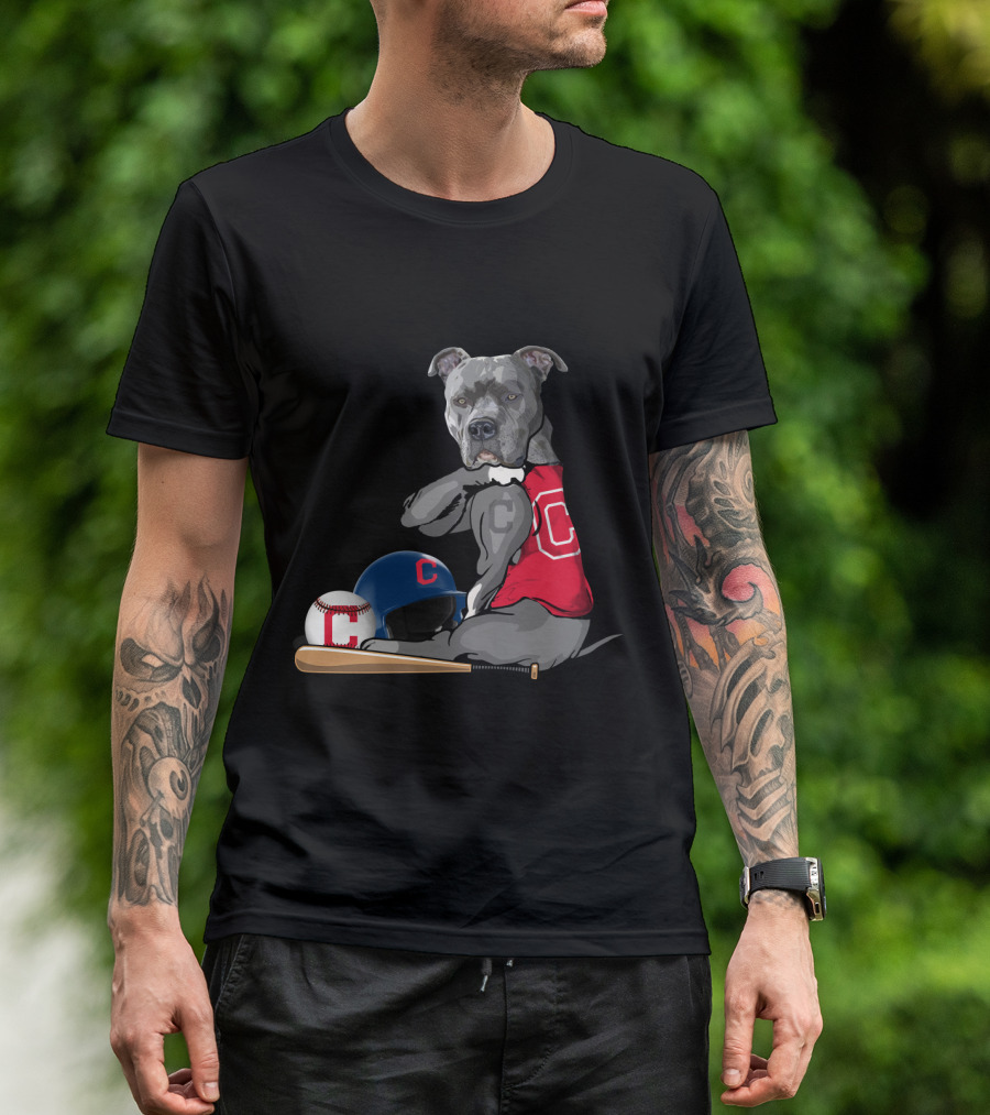 Cleveland Indians C Pit Bull Baseball Bat Helmet Sitting Baseball T-Shirt