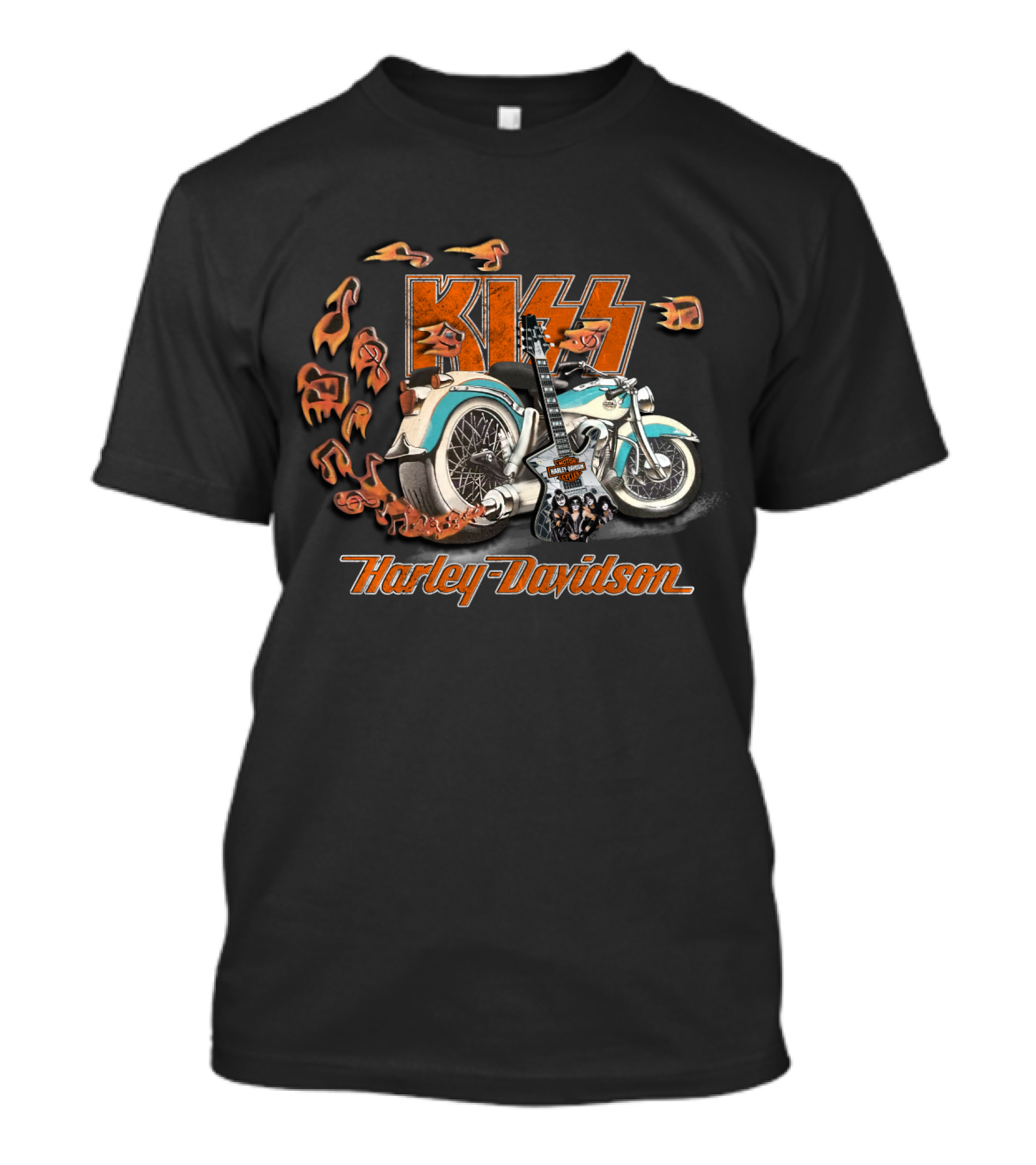 Kiss Harley Davidson Motorcycle With Flames And Guitar T-Shirt