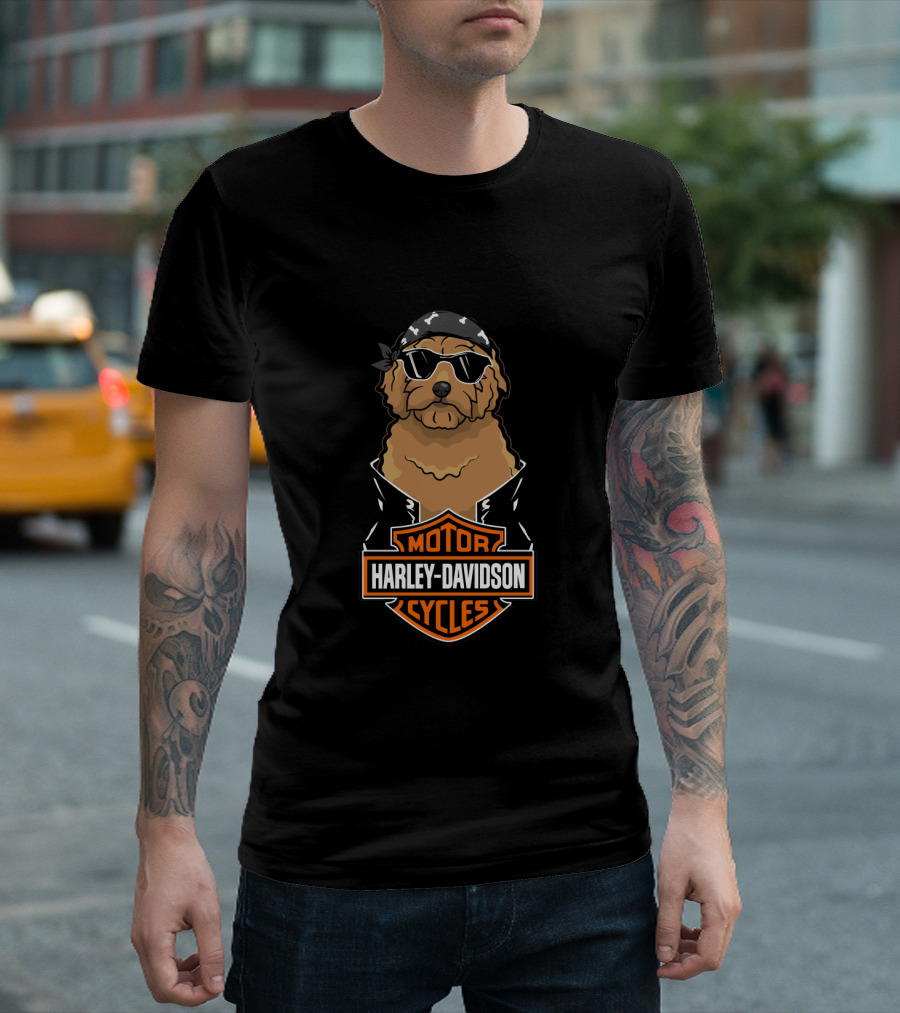 Harley Davidson Motor Cycles Goldendoodle With Sunglasses And Bandana T-Shirt