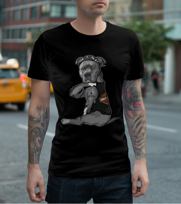 Harley Davidson Pitbull Wearing Bandana And Vest T-Shirt