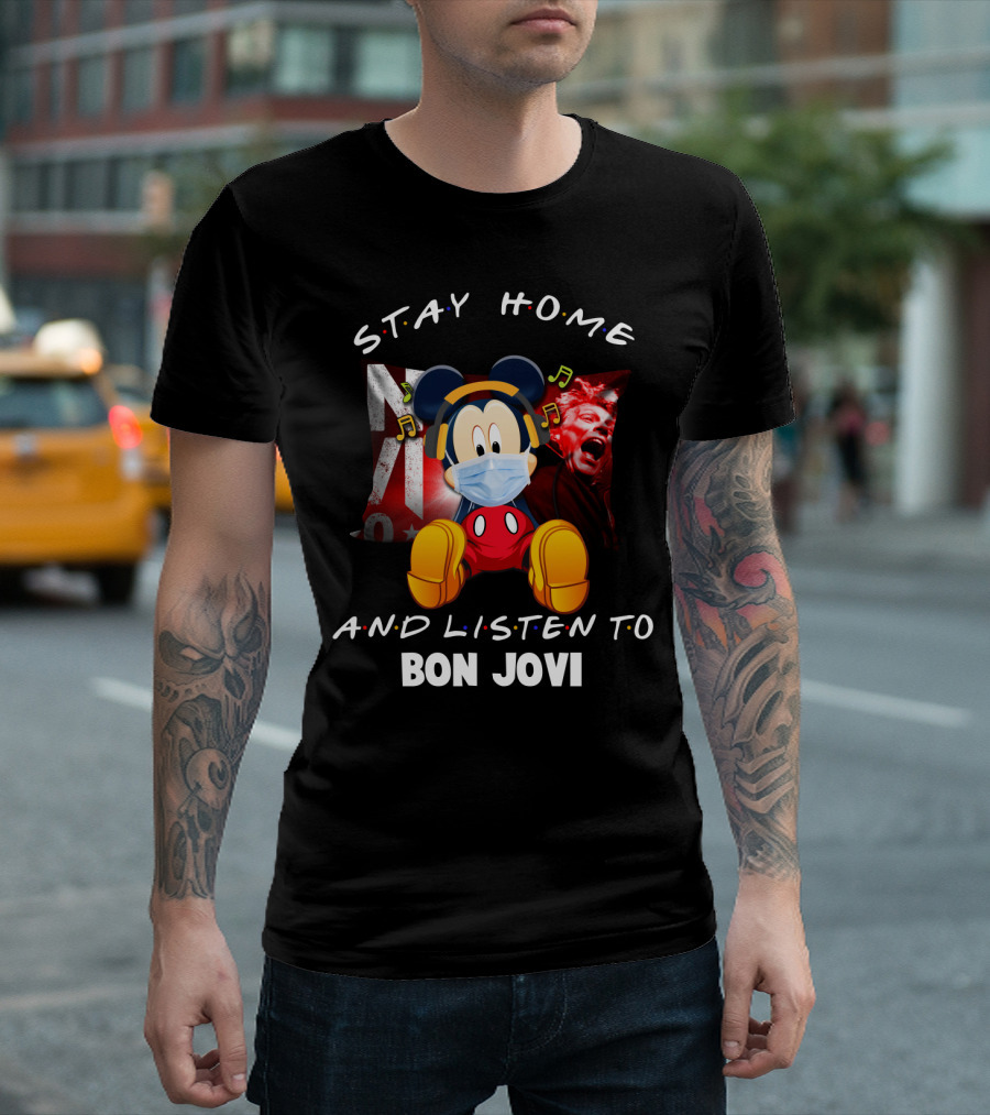 Stay Home and Listen to Bon Jovi Mickey Mouse Masked Music Notes T-Shirt