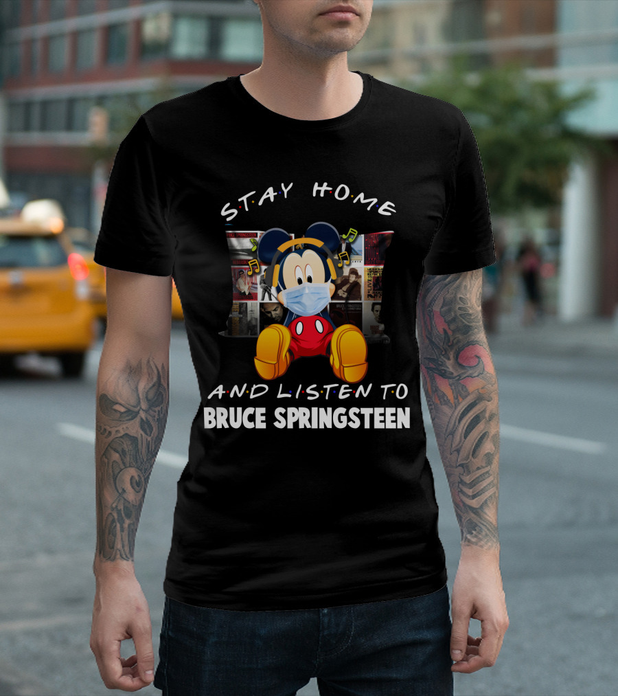 Stay Home and Listen to Bruce Springsteen Mickey Mouse Masked Headphones T-Shirt