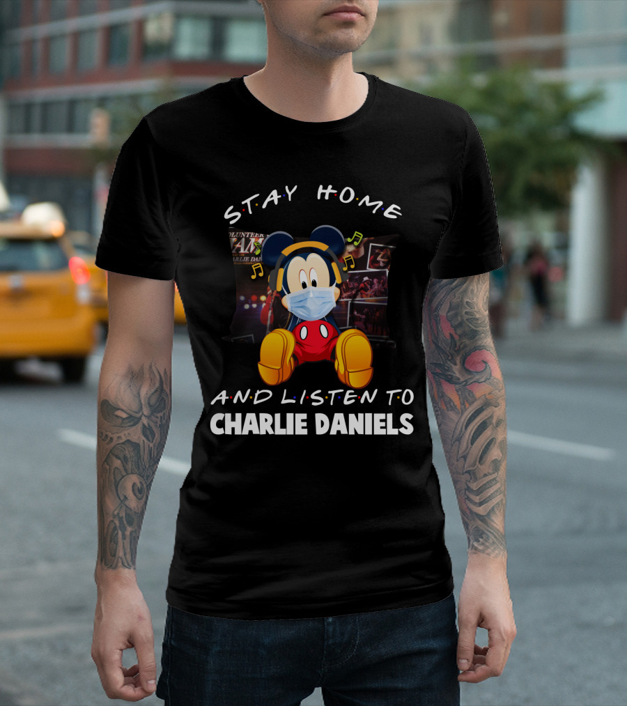 Stay Home And Listen To Charlie Daniels Mickey Mouse Mask And Headphones T-Shirt