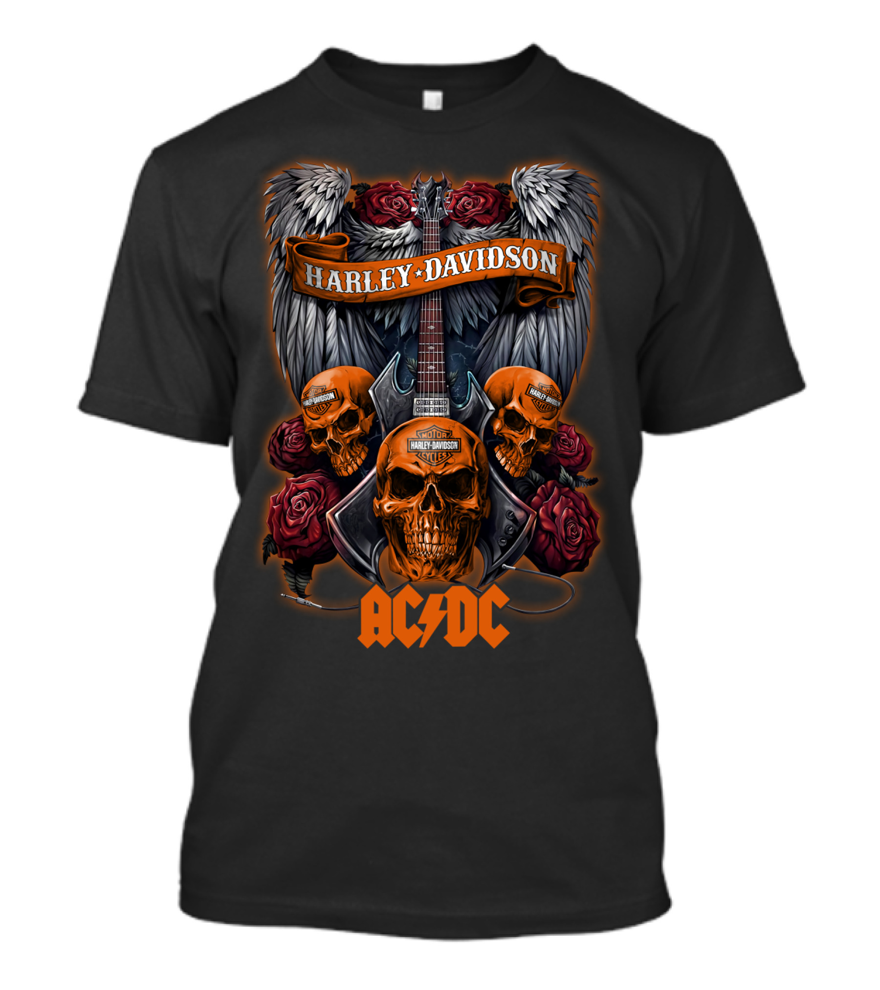 Harley Davidson Skulls Guitar Acdc Wings Roses T-Shirt