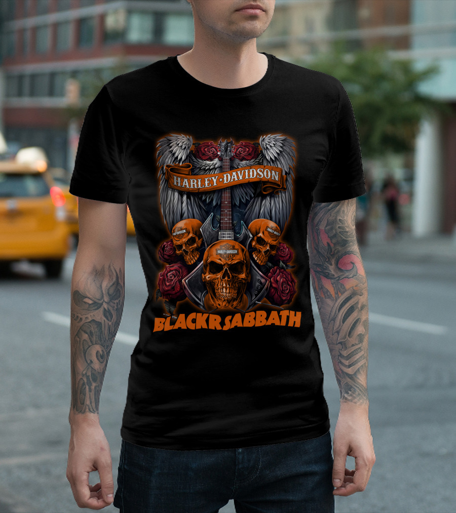 Black Sabbath Harley Davidson Skull Wings Guitar Rose T-Shirt