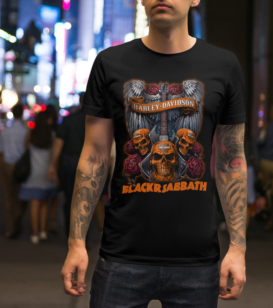 Black Sabbath Harley Davidson Skull Wings Guitar Rose T-Shirt