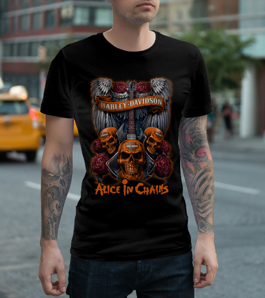 Alice In Chains Harley Davidson Skulls And Roses Guitar Wings T-Shirt