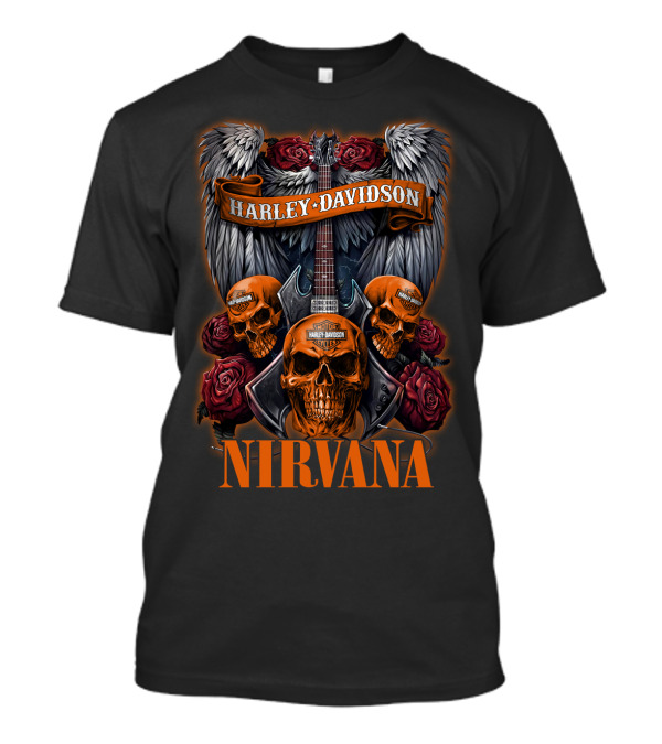 Nirvana Harley Davidson Skulls And Guitars With Wings And Roses T-Shirt