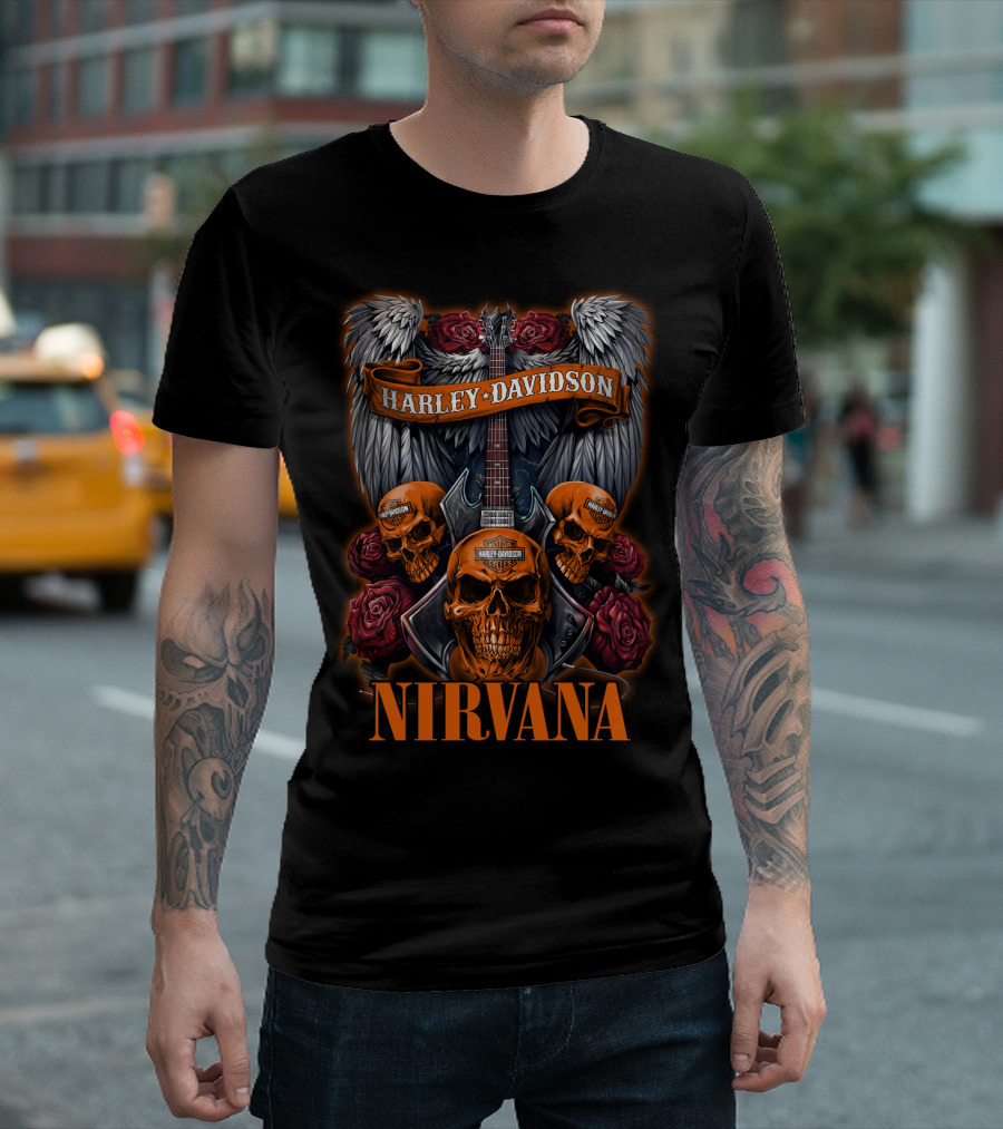 Nirvana Harley Davidson Skulls And Guitars With Wings And Roses T-Shirt
