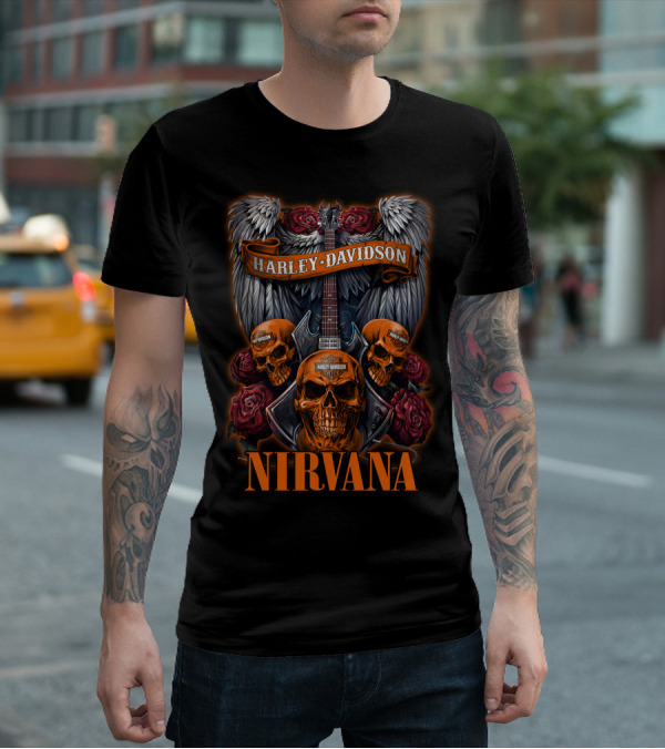 Nirvana Harley Davidson Skulls And Guitars With Wings And Roses T-Shirt