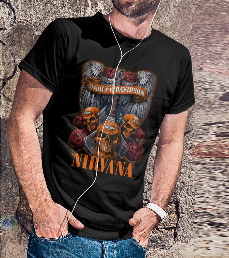 Nirvana Harley Davidson Skulls And Guitars With Wings And Roses T-Shirt