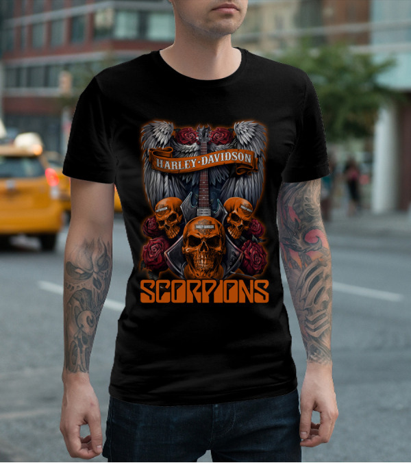 Scorpions Harley Davidson Skull Wings Roses T-Shirt