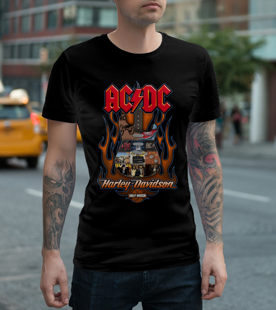 Ac/Dc Harley Davidson Guitar Flames Motor Cycles 50Hd T-Shirt