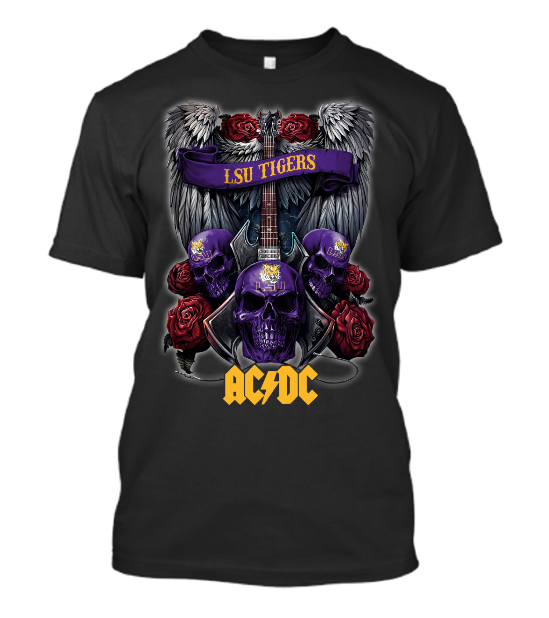 LSU Tigers ACDC Skull Guitar Wings Roses T-Shirt