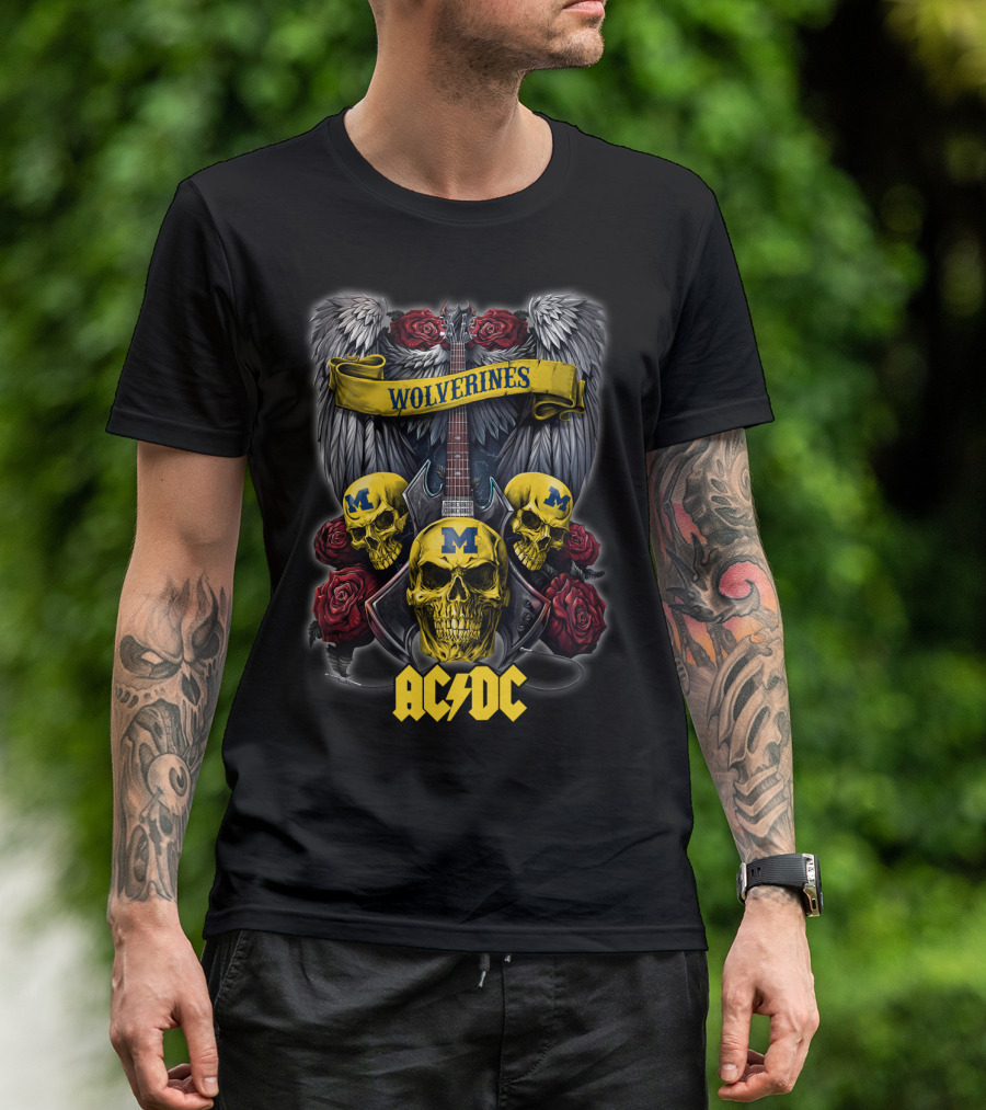 Wolverines Michigan 48 ACDC Skulls And Guitar Wings Roses T-Shirt