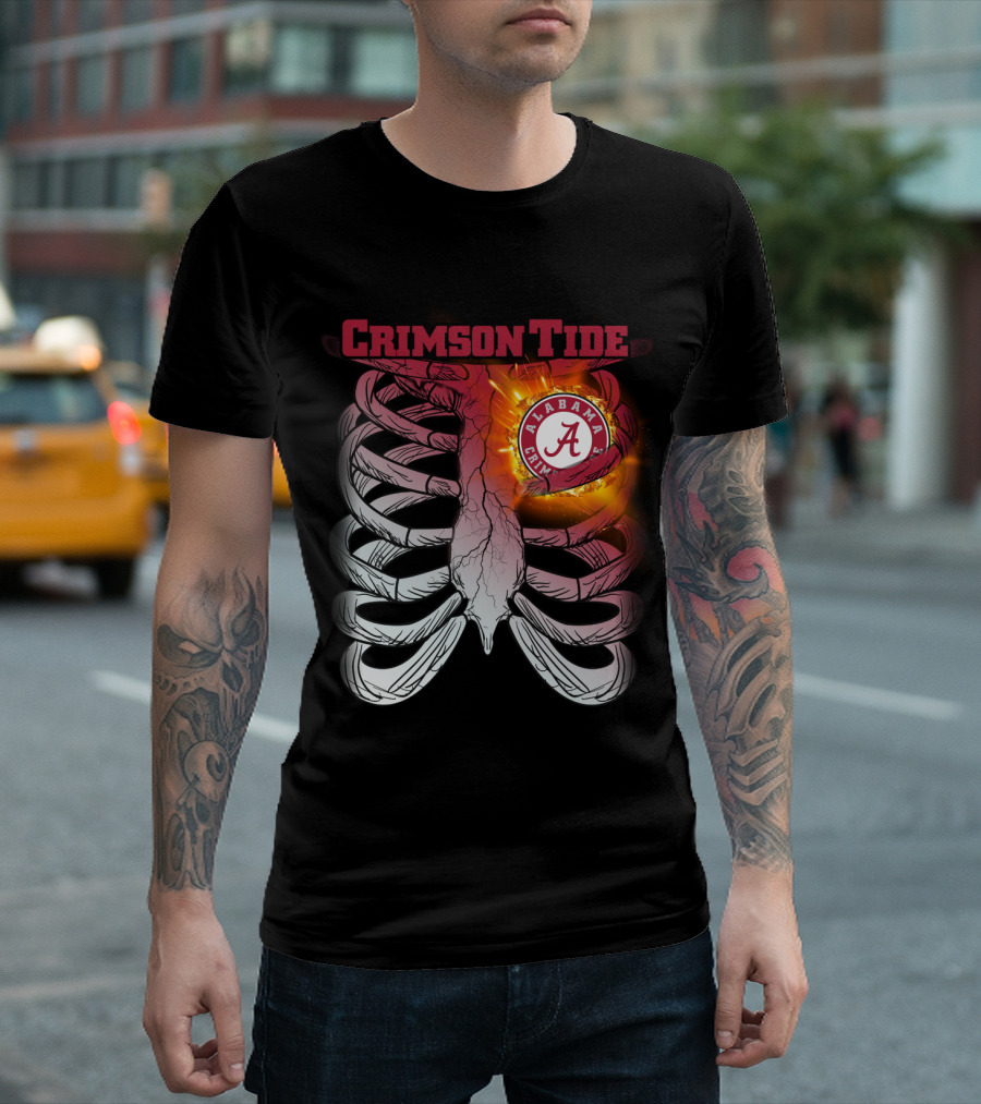 Alabama Crimson Tide A Logo Flaming Heart Inside Ribcage T-Shirt