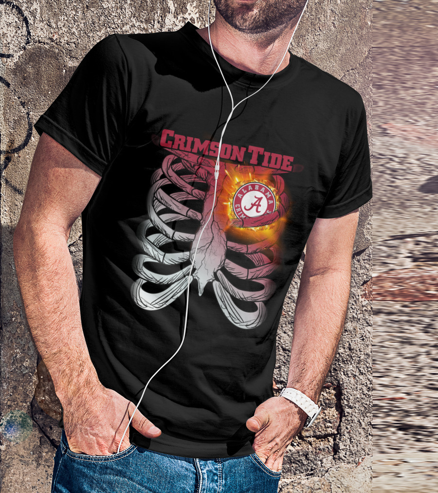 Alabama Crimson Tide A Logo Flaming Heart Inside Ribcage T-Shirt