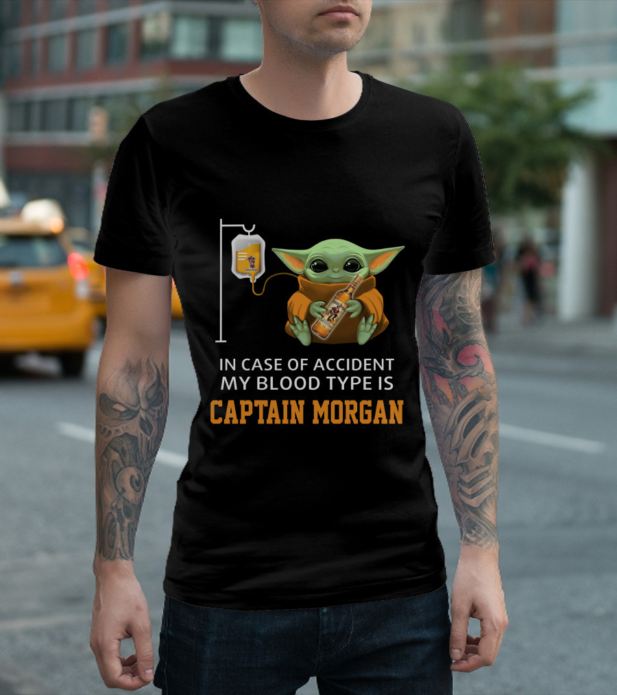 In Case Of Accident My Blood Type Is Captain Morgan Baby Yoda Holding Bottle T-Shirt