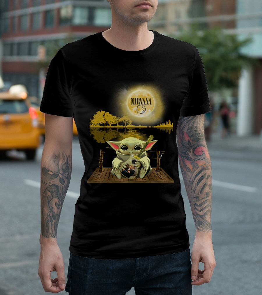 Nirvana Baby Yoda Playing Guitar Under Smiley Face Moon T-Shirt