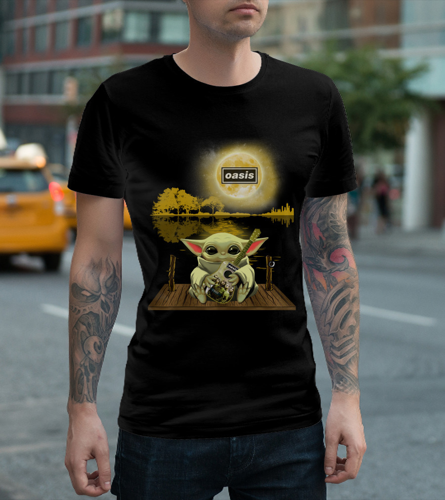 Oasis Moon and Baby Yoda with Guitar on Dock T-Shirt