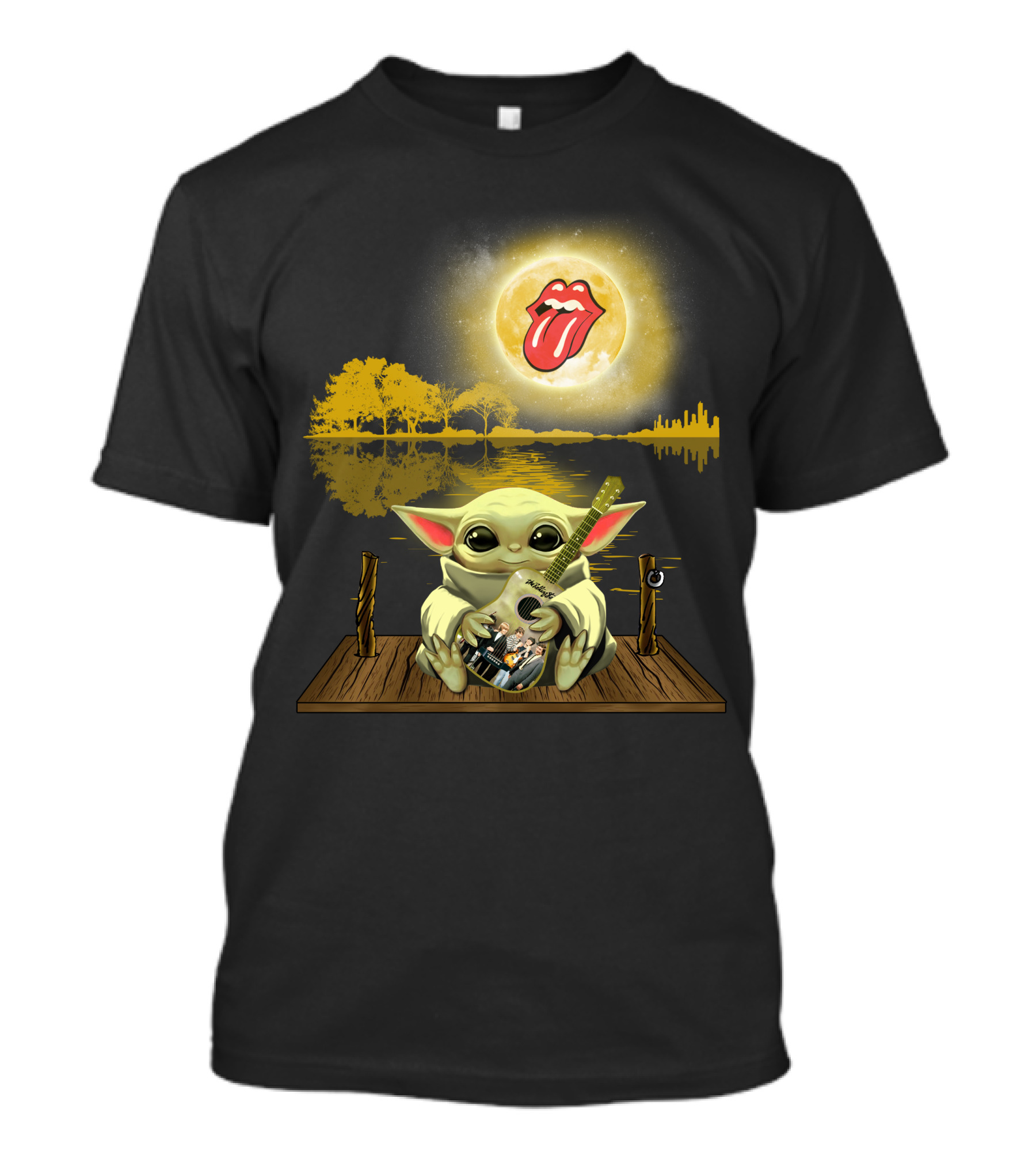 The Rolling Stones Tongue Logo And Baby Yoda With Guitar Under Moonlit Sky Trees And Lake Reflection T-Shirt