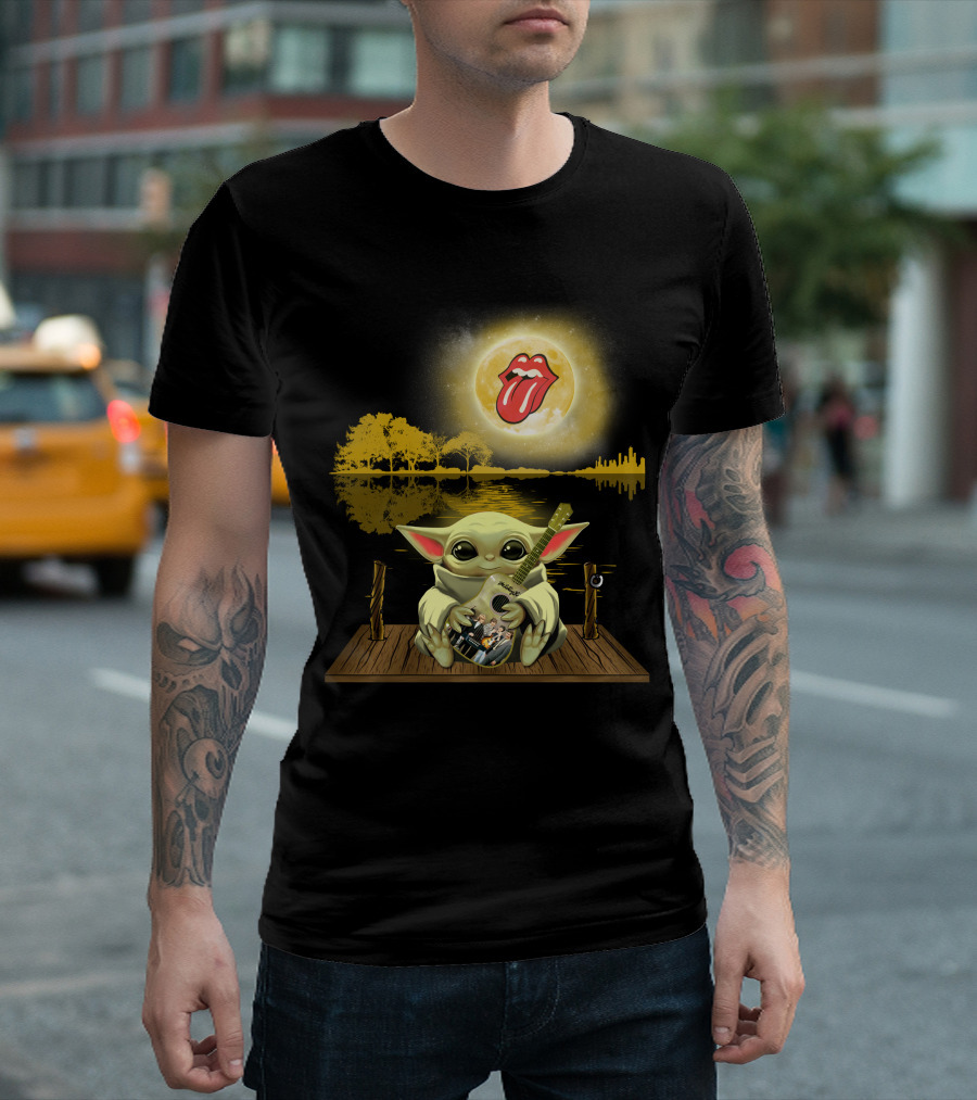 The Rolling Stones Tongue Logo And Baby Yoda With Guitar Under Moonlit Sky Trees And Lake Reflection T-Shirt
