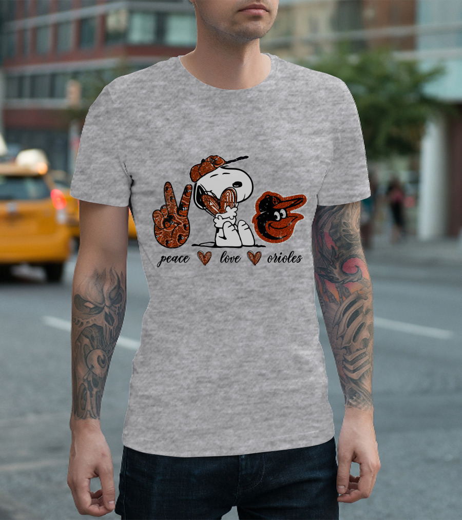Peace Love Orioles Snoopy Style Baltimore Orioles T-Shirt