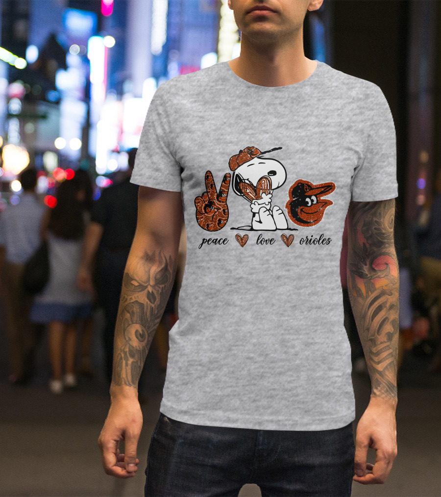 Peace Love Orioles Snoopy Style Baltimore Orioles T-Shirt