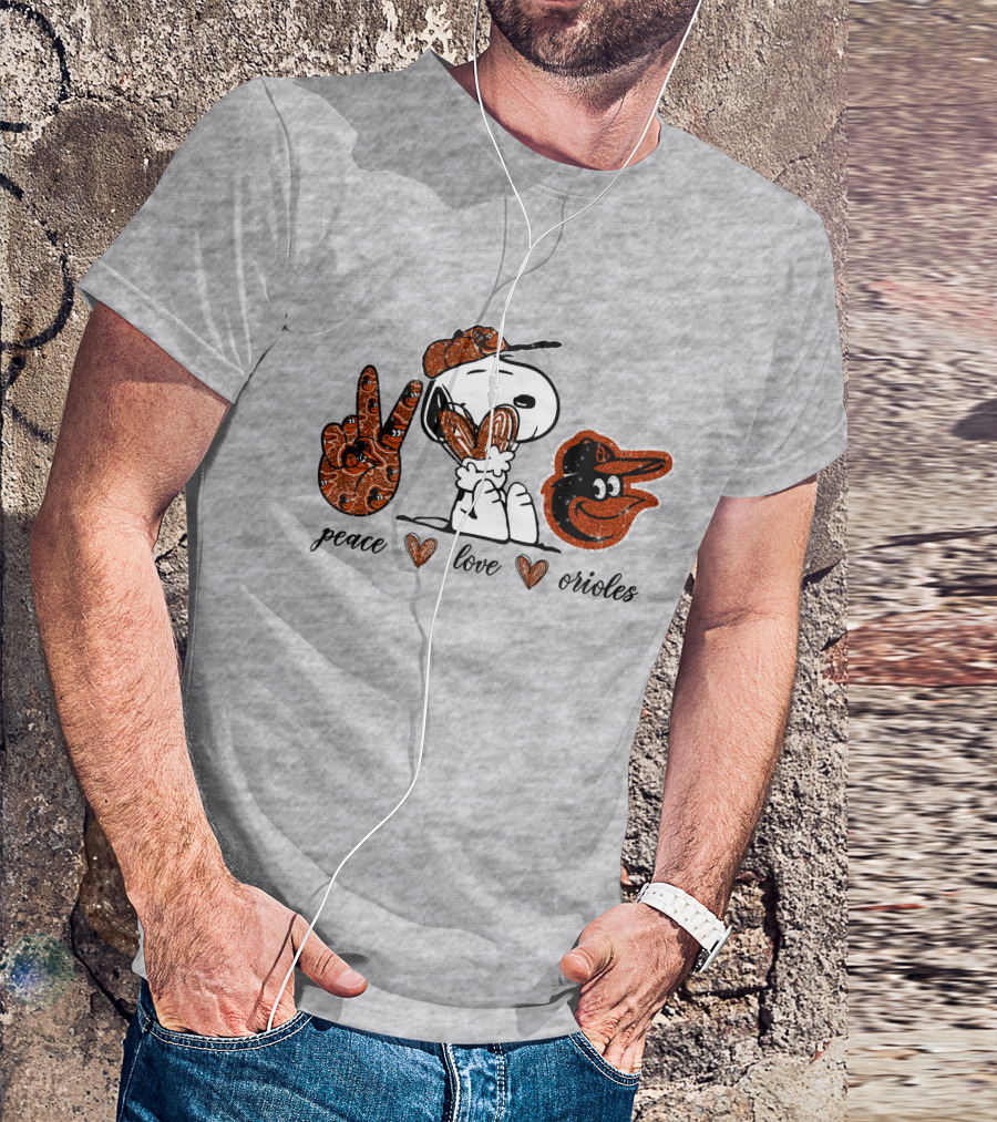 Peace Love Orioles Snoopy Style Baltimore Orioles T-Shirt