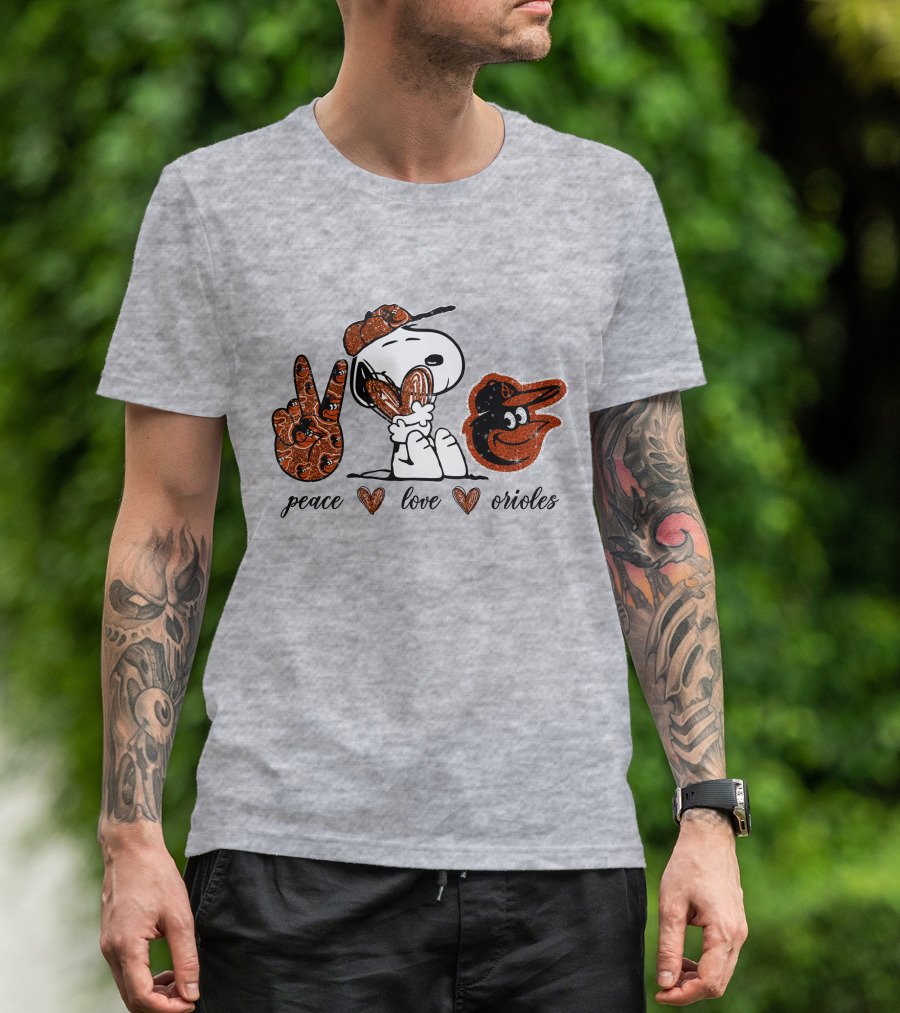 Peace Love Orioles Snoopy Style Baltimore Orioles T-Shirt
