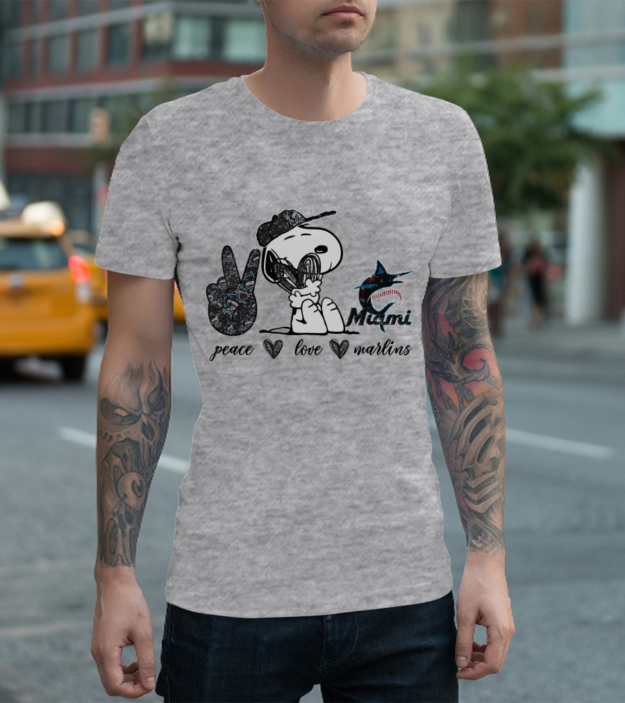 Peace Love Miami Marlins Snoopy Baseball Fan T-Shirt