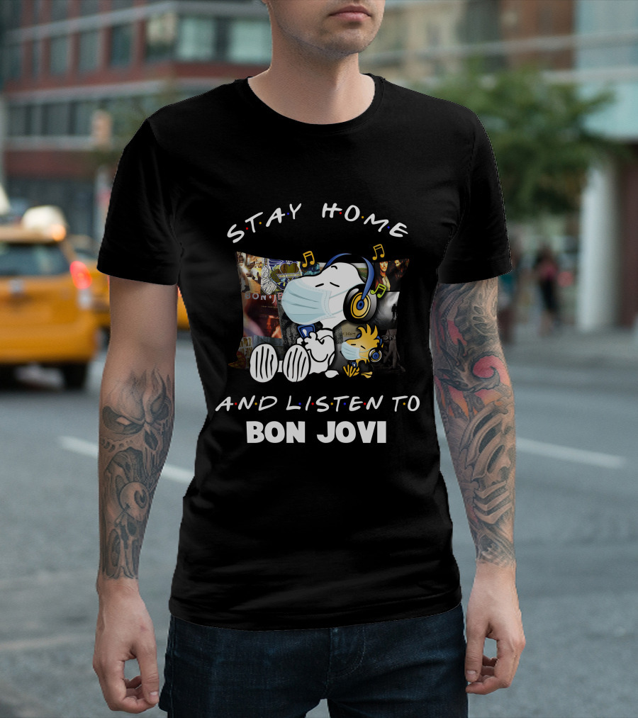 Stay Home and Listen to Bon Jovi Snoopy Mask and Headphones T-Shirt