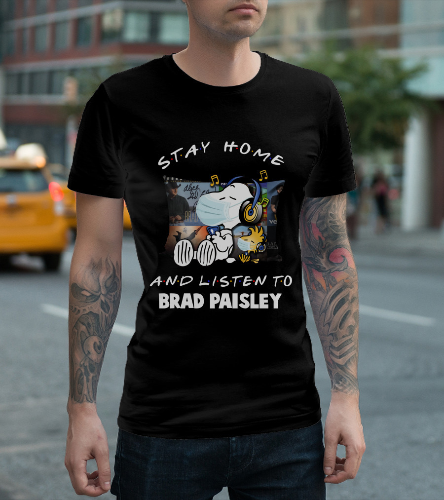 Stay Home and Listen to Brad Paisley Snoopy with Headphones Mask T-Shirt