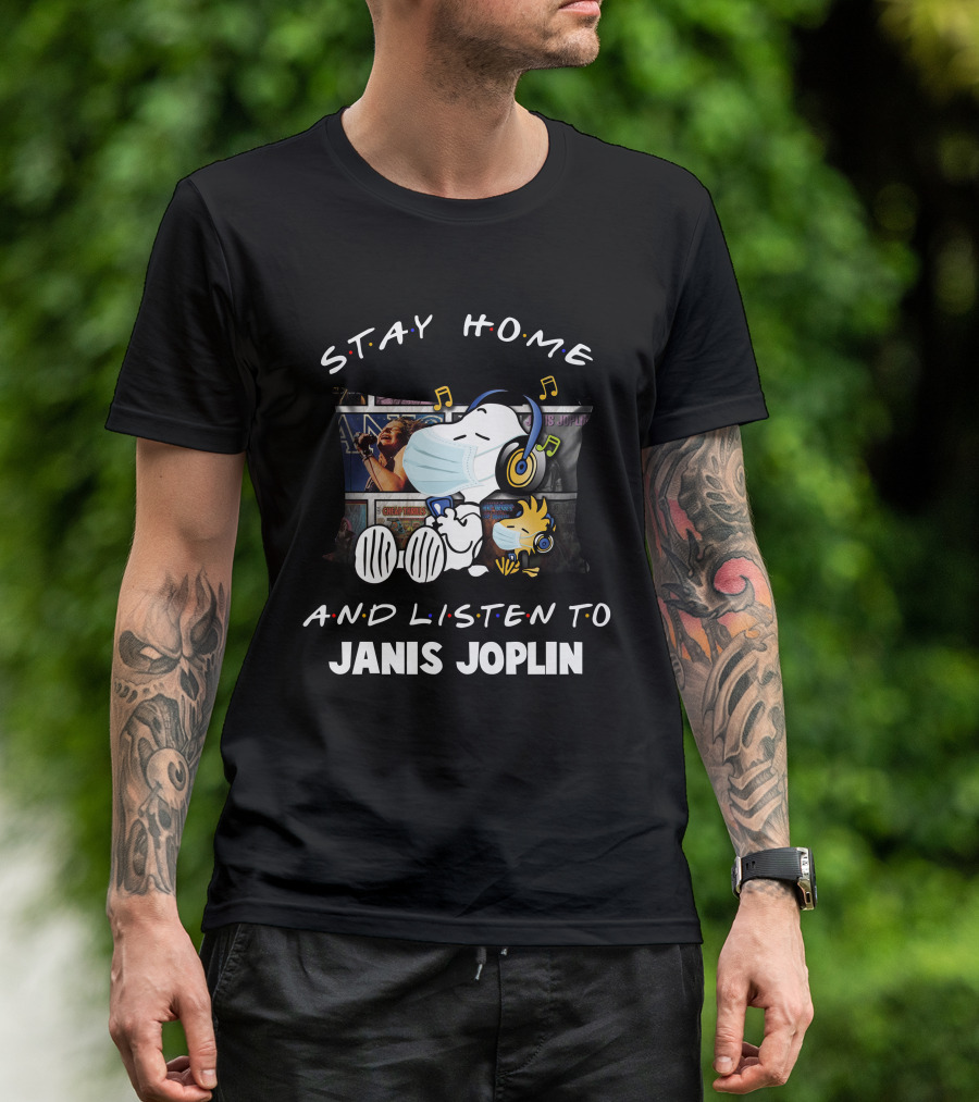 Stay Home And Listen To Janis Joplin Snoopy Relaxing With Mask And Headphones T-Shirt