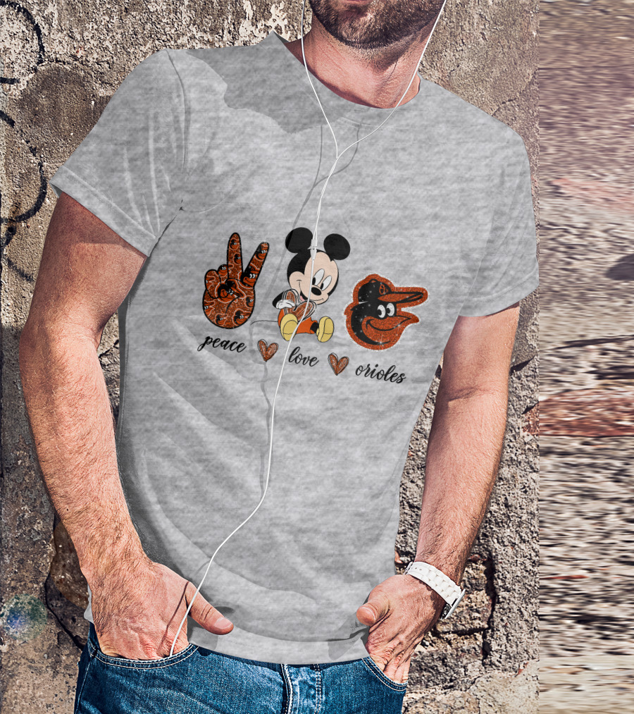 Mickey Mouse Peace Love Orioles Baseball Team T-Shirt