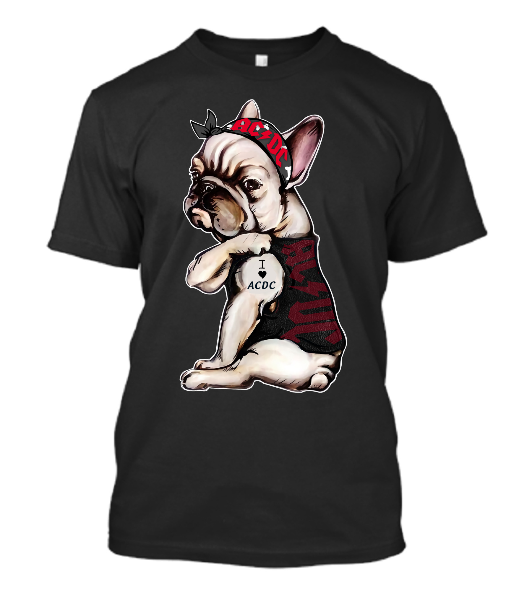 French Bulldog I Love Ac/Dc Black Bandana Rock Style T-Shirt