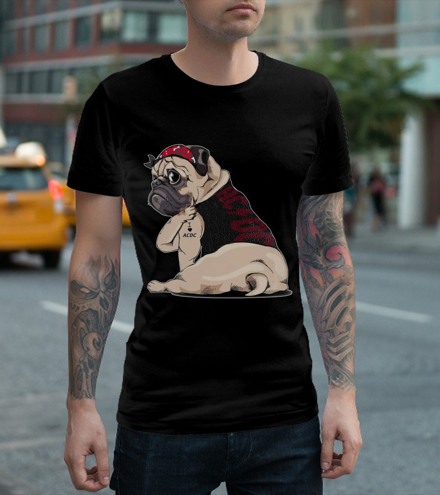 Ac/Dc Pug With I Love Ac/Dc Tattoo And Bandana T-Shirt