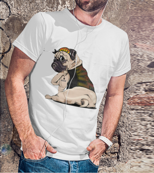 Kiss Bandana Pug With I Love Kiss Tattoo T-Shirt