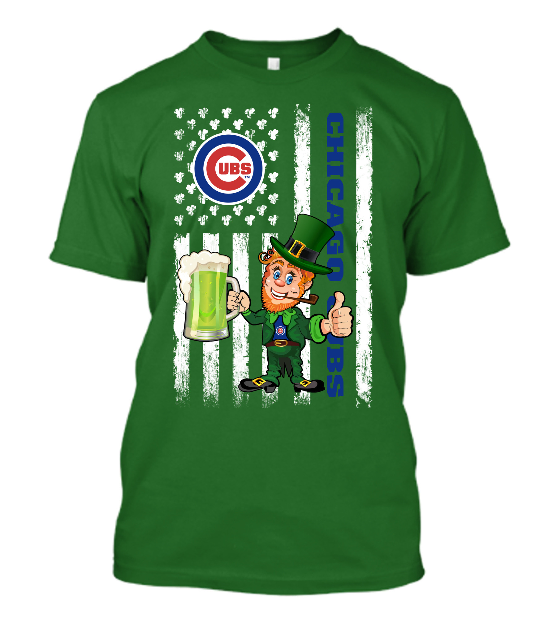 Chicago Cubs St Patrick's Day Leprechaun With Shamrocks And Flag T-Shirt