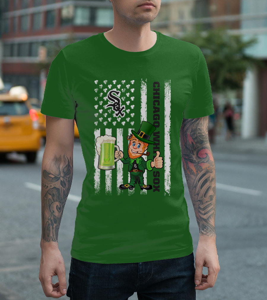 Chicago White Sox St Patrick's Day Leprechaun with Shamrock Beer and American Flag T-Shirt